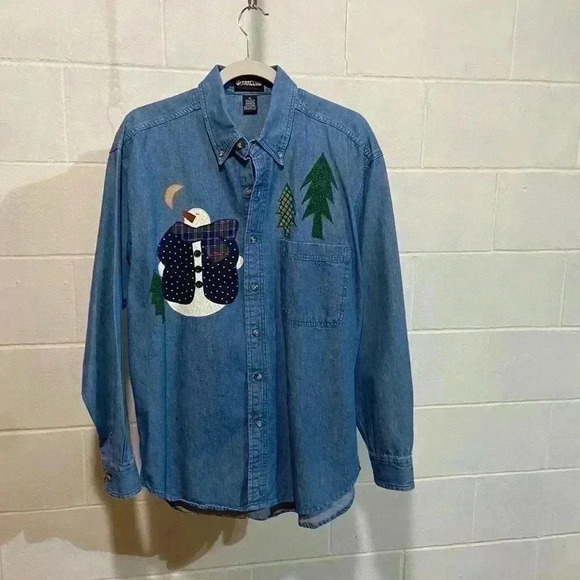 Ultra Club Collection Women LS Shirt MEDIUM Denim Festive Snowman Winter Holiday - Picture 1 of 5